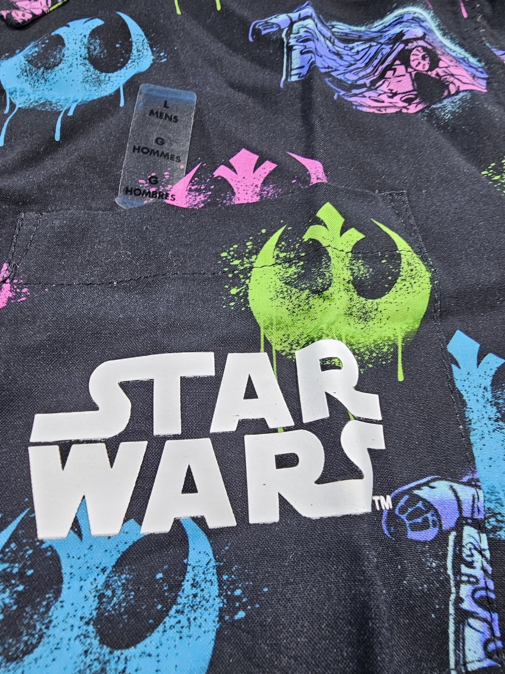 Star Wars Men's Black Short-Sleeve Button-Up Shirt with Neon Rebel Logos - Picture 3 of 9